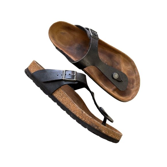 Birkenstock Womens Sz 39 Black Leather Gizeh Thong Sandals Adjustable Strap - Picture 1 of 9